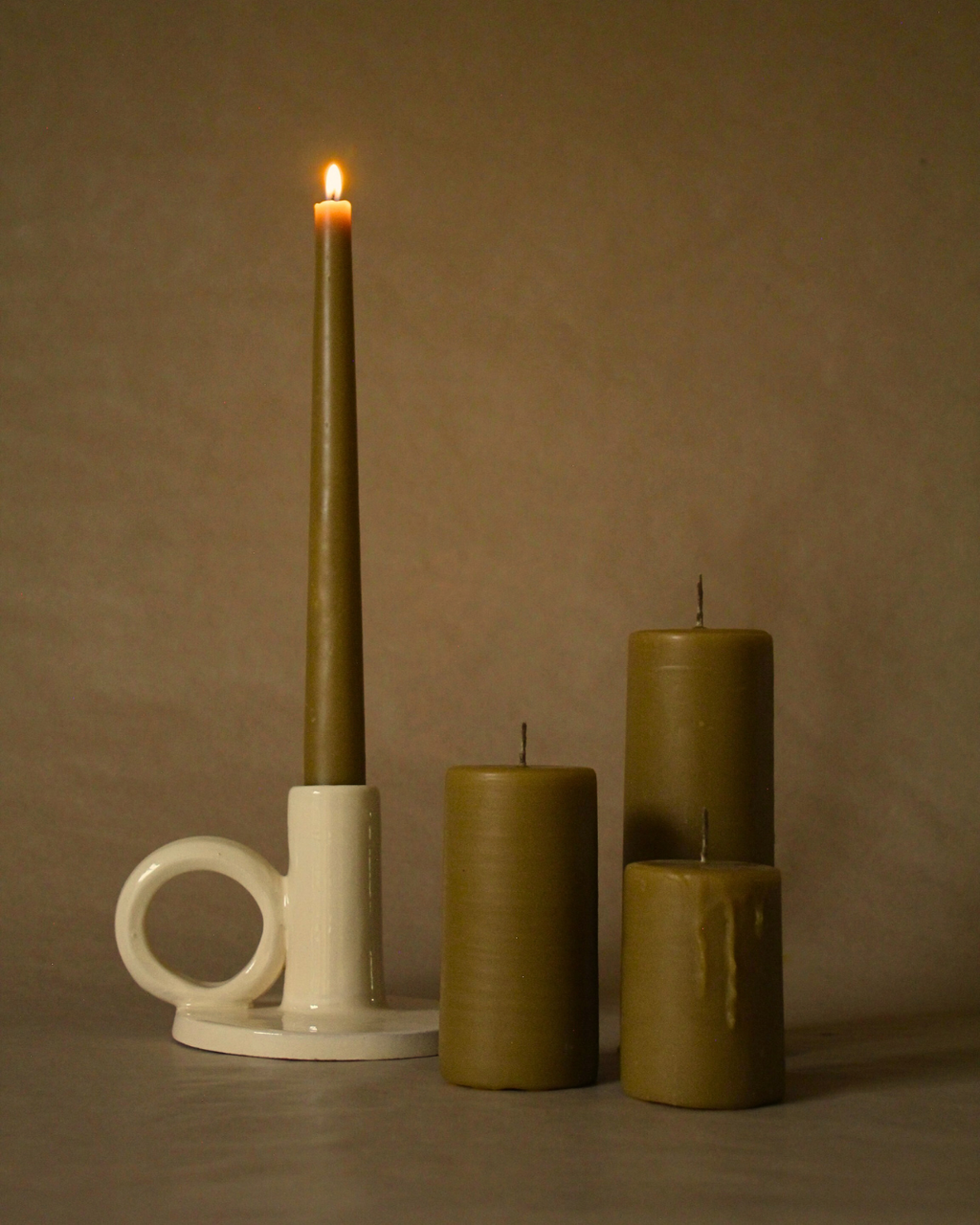 Contemporary Glazed Terracotta Taper Candle Holder with Ring Handle