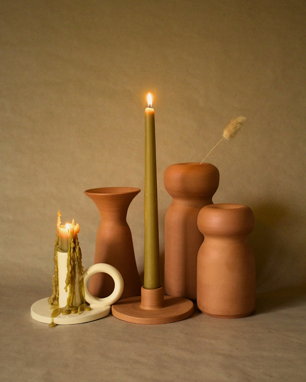 Contemporary Glazed Terracotta Taper Candle Holder with Ring Handle