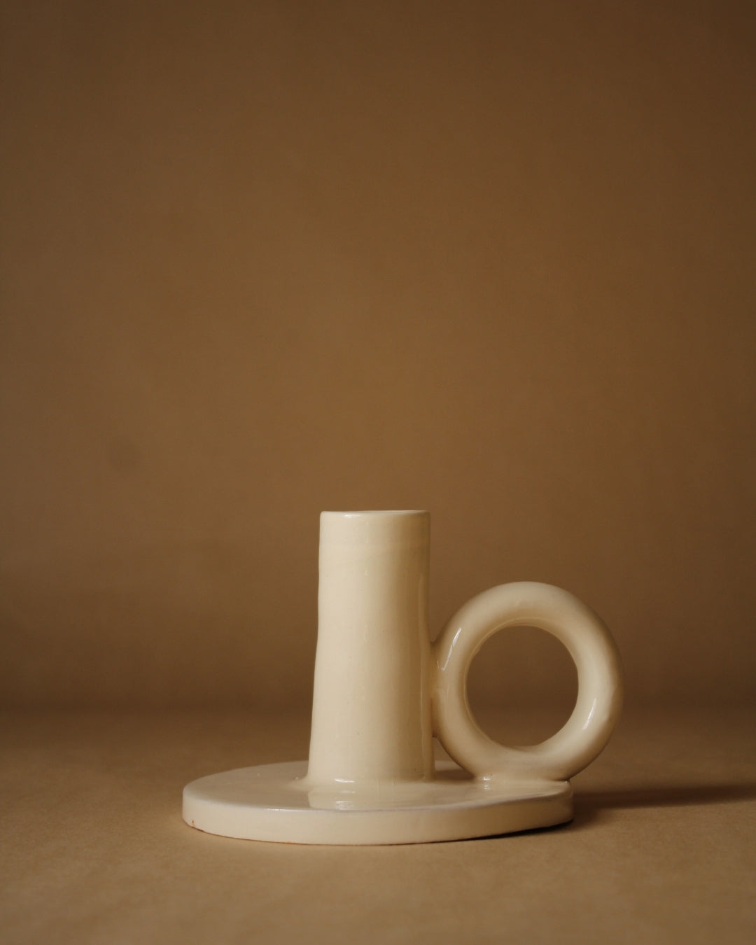 Contemporary Glazed Terracotta Taper Candle Holder with Ring Handle