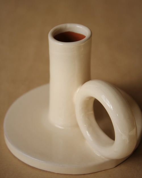 Contemporary Glazed Terracotta Taper Candle Holder with Ring Handle